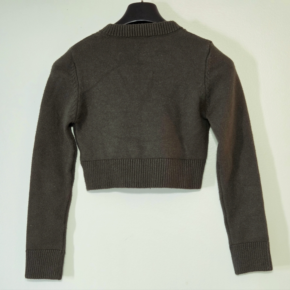 Zara Olive Green Long Sleeve Crop Top Knit Vneck Sweater Sz Small Earthy Neutral - Picture 3 of 12